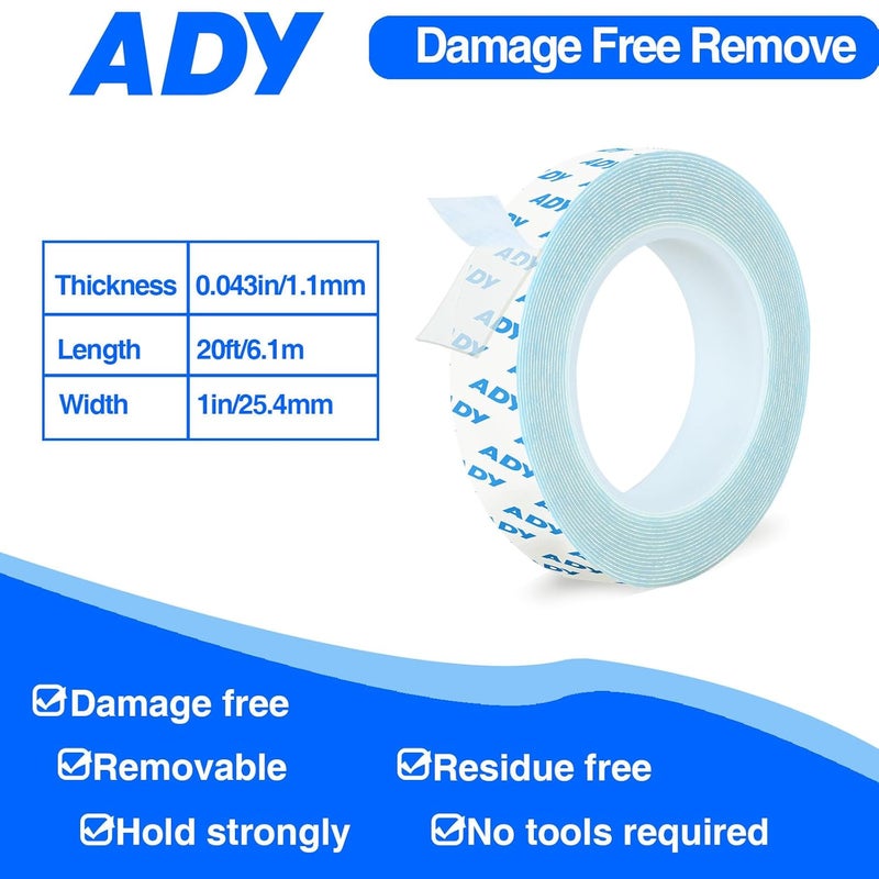 ADY Removable Double Sided Tape Heavy Duty 1in x 20ft,Clear Nano Adhesive Mounting Tape for Walls,Damage Free Picture Hanging Adhesive Strips for Rent Room, Poster Stick Transparent Tape - Image 2